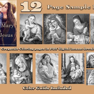 Può includere: Un pacchetto di esempio di 12 pagine da colorare in scala di grigi con immagini della Vergine Maria e Gesù Bambino. Le pagine sono in formato PDF e sono disponibili per il download immediato. È inclusa una guida ai colori.