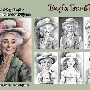 Paquete de muestras de 6 páginas de la familia Doyle Páginas para colorear en escala de grises en alta resolución 8,5 x 11 descarga instantánea en PDF imprimible con guía