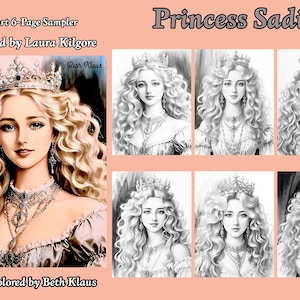Muestra para colorear de 6 páginas de Princess Sadie en escala de grises en alta resolución 8,5 x 11 descarga instantánea en PDF imprimible con guía