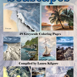 Seascapes Adult Greyscale Coloring Book 48 Page Coloring Book with Color Guide high resolution 8.5 x 11 instant download printable PDF