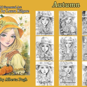 Otoño (Hermosa Niña) 9 páginas para colorear en escala de grises para adultos en alta resolución 8.5 x 11 descarga instantánea en PDF imprimible con guía