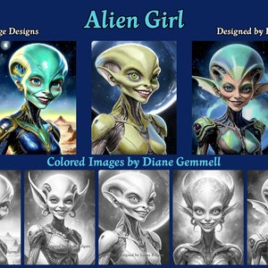 Alien Girl Coloring Pages: 7 Greyscale Illustrations (PDF)