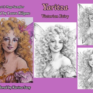 Yaritza Victorian Fairy Muestra para colorear de 3 páginas en escala de grises en alta resolución 8,5 x 11 descarga instantánea PDF imprimible con guía