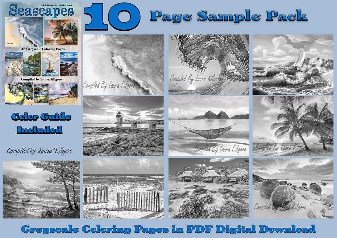 Seascapes Adult Greyscale Coloring Book 10 Page Coloring Sampler Pack ...