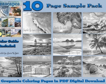 Seascapes Adult Greyscale Coloring Book 10 Page Coloring Sampler Pack high resolution 8.5 x 11 instant download printable PDF
