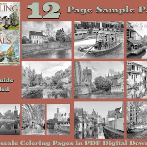 Traveling the Canals Adult Greyscale Coloring Book 12 Page Sampler Pack High Resolution 8.5 x 11 instant download printable PDF