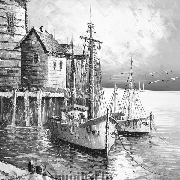 Boats at Dock Single Coloring Page in Greyscale from the Book Painted Escapes in High Resolution 8.5 x 11 instant download printable PDF