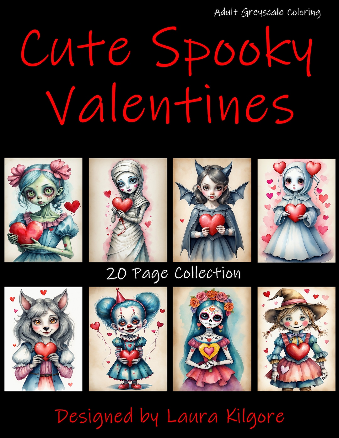 Cute Spooky Valentines 20-coloring Pages in Greyscale for Adults in ...