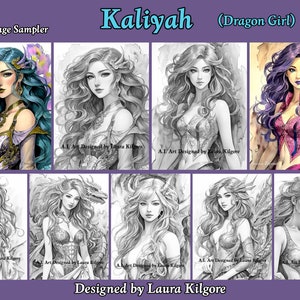 Op de afbeelding: Een digitale kunst-sampler met zeven pagina's met een vrouw met paars en blauw haar, een draak en bloemen. De tekst "Kaliyah (Dragon Girl)" staat bovenaan de afbeelding. De tekst "A.I Art 7-Page Sampler" staat linksboven in de afbeelding. De tekst "Designed by Laura Kilgore" staat onderaan de afbeelding.