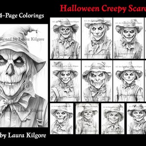 Halloween Creepy Scarecrows 14-Coloring Pages in Greyscale for Adults in High Resolution 8.5 x 11 instant download printable PDF