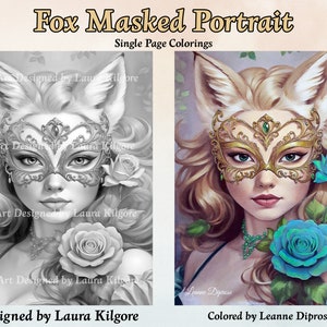Fox Masked Portrait Single Page Art in Greyscale for Adults in High Resolution 8.5 x 11 instant download printable PDF with Guide