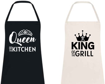 Couple Aprons Queen Of The kitchen King Of Grill -Baking Gifts for Wife Husband Girlfriend or Boyfriend- Ideal for Anniversaries