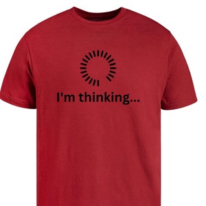 May include: Red t-shirt with a black loading icon and the text "I'm thinking..."