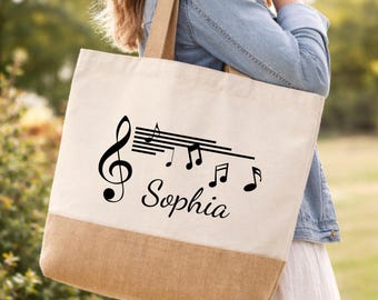 Personalized Music Tote Bag, Custom Jute Cotton Shopper, Music Lover Gift