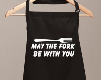 May The Fork Be With You Funny printed Apron For Men Woman BBQ Grilling Cooking Apron with Pockets, Gift for Father, Husband, Boyfriend