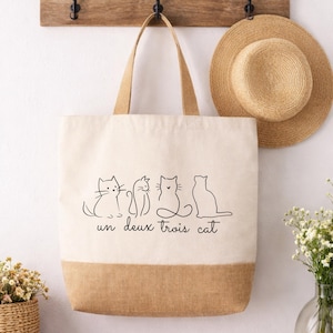 Un Deux Trois Katze Jute Canvas Tote, Katzenliebhaber Shopper, Einkaufstasche