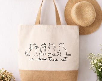 Un Deux Trois Cat Jute Canvas Tote, Cat Lover Shopper, Grocery Bag
