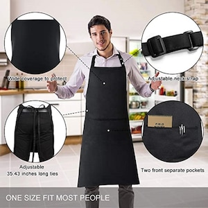 Puede incluir: Delantal negro ajustable con dos bolsillos delanteros y lazos largos. El delantal est&aacute; hecho de un material duradero y resistente al agua, perfecto para proteger tu ropa de derrames y manchas.  "ONE SIZE FIT MOST PEOPLE"