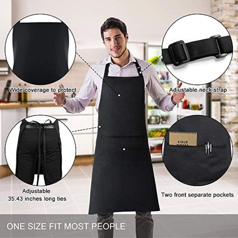 Puede incluir: Delantal negro ajustable con dos bolsillos delanteros y lazos largos. El delantal est&aacute; hecho de un material duradero y resistente al agua, perfecto para proteger tu ropa de derrames y manchas.  "ONE SIZE FIT MOST PEOPLE"