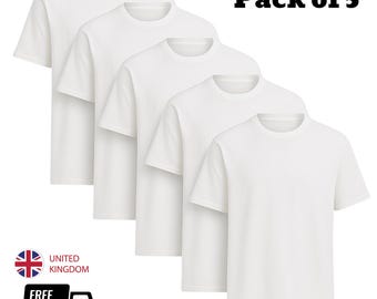 Pack of 5 White Cotton Unisex T-Shirts – Bulk Basic Crewneck Tee – Soft Breathable T shirts for Men & Women – Everyday Essential Multi-Pack
