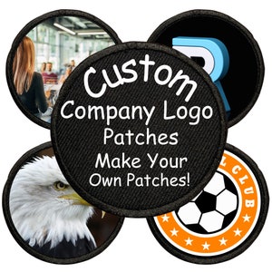 May include: Five round black patches with white text and images. The centre patch says "Custom Company Logo Patches Make Your Own Patches!" The other patches feature an eagle, a football, a woman speaking, and a blue letter "R".