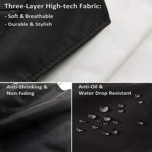 Puede incluir: Primer plano de una tela negra con una construcci&oacute;n de alta tecnolog&iacute;a de tres capas. La tela es suave, transpirable, duradera, elegante, antiencogimiento, no se decolora, antiaceite y resistente a las gotas de agua.