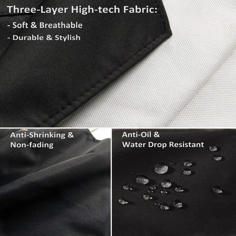 Puede incluir: Primer plano de una tela negra con una construcci&oacute;n de alta tecnolog&iacute;a de tres capas. La tela es suave, transpirable, duradera, elegante, antiencogimiento, no se decolora, antiaceite y resistente a las gotas de agua.