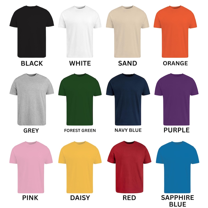 Puede incluir: Una colecci&oacute;n de doce camisetas de manga corta con cuello redondo dispuestas en una cuadr&iacute;cula. Los colores incluyen negro, blanco, arena, naranja, gris, verde bosque, azul marino, morado, rosa, amarillo margarita, rojo y azul zafiro, etiquetados.