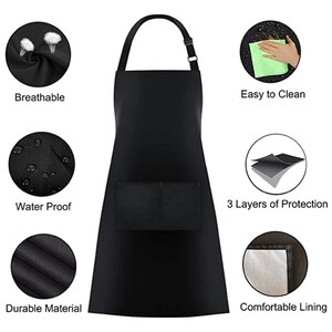 Puede incluir: Delantal negro con un bolsillo grande y una correa de cuello ajustable. El delantal est&aacute; hecho de un material duradero, resistente al agua y con un forro c&oacute;modo. Es f&aacute;cil de limpiar y tiene tres capas de protecci&oacute;n.