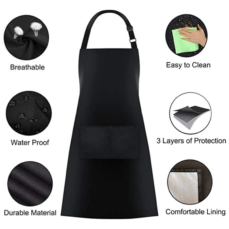 Puede incluir: Delantal negro con un bolsillo grande y una correa de cuello ajustable. El delantal est&aacute; hecho de un material duradero, resistente al agua y con un forro c&oacute;modo. Es f&aacute;cil de limpiar y tiene tres capas de protecci&oacute;n.