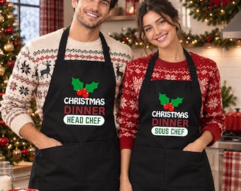 Personalised Christmas Apron for Women Men, Family Christmas Cooking Apron, Christmas Dinner Apron Head Chef Sous Chef Apron Gift for Couple