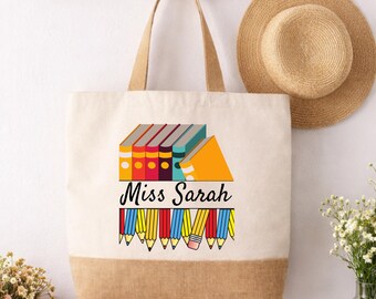 Bolso de mano personalizado de yute para profesores, regalo personalizado con el nombre del profesor, bolso de algodón para amantes de los libros, regalo de agradecimiento para profesores