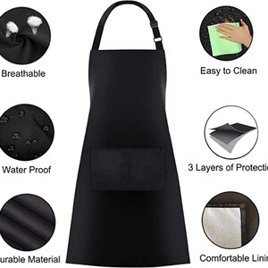 Puede incluir: Delantal impermeable negro con un bolsillo grande y correas ajustables. El delantal est&aacute; hecho de material duradero y tiene un forro c&oacute;modo. Es f&aacute;cil de limpiar y cuenta con tres capas de protecci&oacute;n.