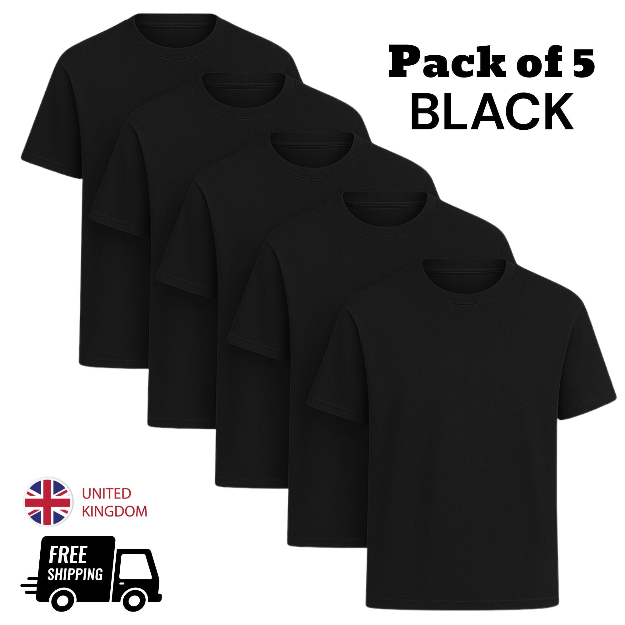 Lot De 5 T-Shirts Unisexes Homme Femme Col Rond Noir 3XL - 100% Coton Doux 150g/m²