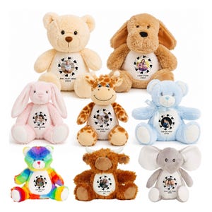 Könnte beinhalten: Sammlung von Plüschtieren, darunter ein Teddybär, ein Hund, ein Hase, eine Giraffe, ein Bär, ein Regenbogenbär, eine Kuh und ein Elefant. Jedes Spielzeug hat ein personalisiertes Foto in einem herzförmigen Kranz und einen individuellen Text.