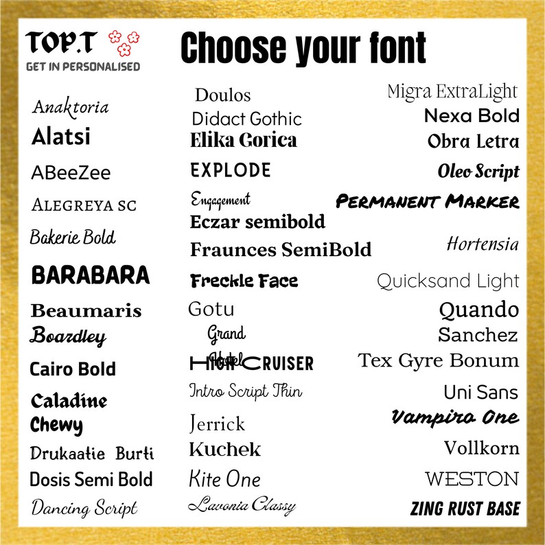 Pu&ograve; includere: Uno sfondo giallo e oro con un elenco di font in testo nero. Il testo "TOP.T Scegli il tuo font" &egrave; in cima all'immagine.