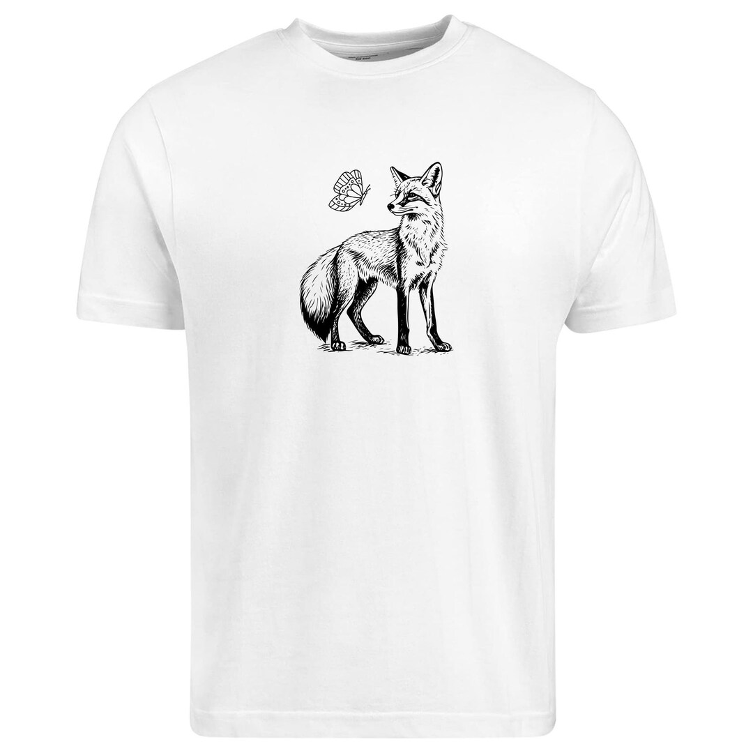 Fox and Butterfly Shirt Nature Top, Hand Drawn Graphic Tee, Fitted