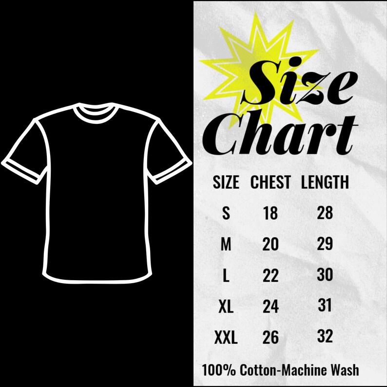 Pu&ograve; includere: Tabella delle taglie per una t-shirt con misure in pollici per il petto e la lunghezza. Le taglie includono S, M, L, XL e XXL. La tabella indica anche che la t-shirt &egrave; realizzata in 100% cotone ed &egrave; lavabile in lavatrice.