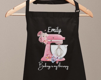 Personalised Apron, Personalised Baking Apron with Pink Watercolor Flowers - Baking Is My Therapy Apron