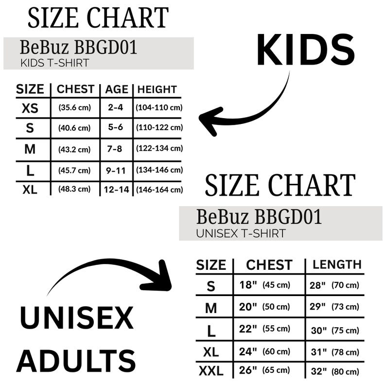 Puede incluir: Una tabla de tallas para camisetas BeBuz BBGD01 con dos cuadros. El cuadro superior enumera tallas infantiles de XS a XL con medidas de pecho en pulgadas y cent&iacute;metros, edades y altura en cent&iacute;metros. El cuadro inferior muestra tallas unisex de adulto de S a XXL con medidas de pecho y largo en pulgadas y cent&iacute;metros.