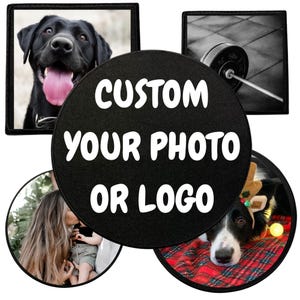 May include: Five different round black coasters with white text that says "CUSTOM YOUR PHOTO OR LOGO". Each coaster has a different image in the center: a black dog, a barbell, a woman and child, a black and white dog, and a black and white dog with a red and black plaid background.