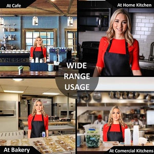 Puede incluir: Una mujer con un delantal negro y una camisa roja est&aacute; de pie en una cocina. La cocina tiene paredes de azulejos blancos y una encimera de acero inoxidable. La mujer sonr&iacute;e y mira a la c&aacute;mara. El texto "At Home Kitchen" es visible en la esquina superior derecha de la imagen.