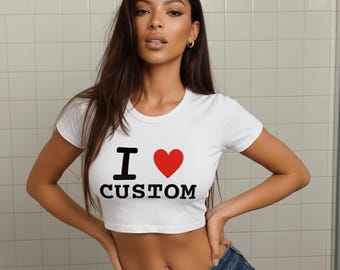 Personalized I Heart Crop Top, Custom Text Women's Tee Cotton Crew Neck