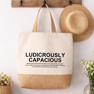Succession Ludicrously Capacious Canvas Jute Base Tote Bag, Gift for Friends, Gift for him, Gift for her Grocery Beach Bag