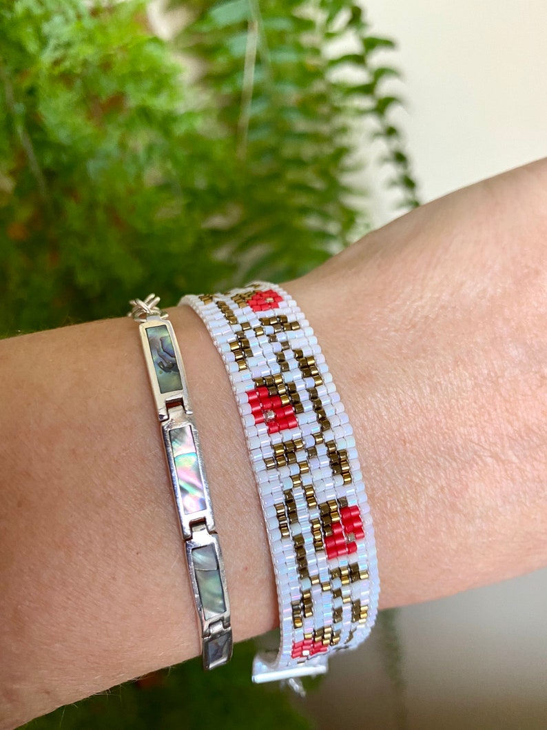 White Bronze Red Roses Flowers Bracelet Loom Beaded Bracelet Etsy Ireland