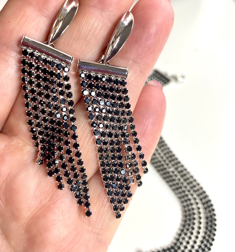 Crystal Rhinestone Chain Black Silver Earrings Bracelet - Etsy Ireland