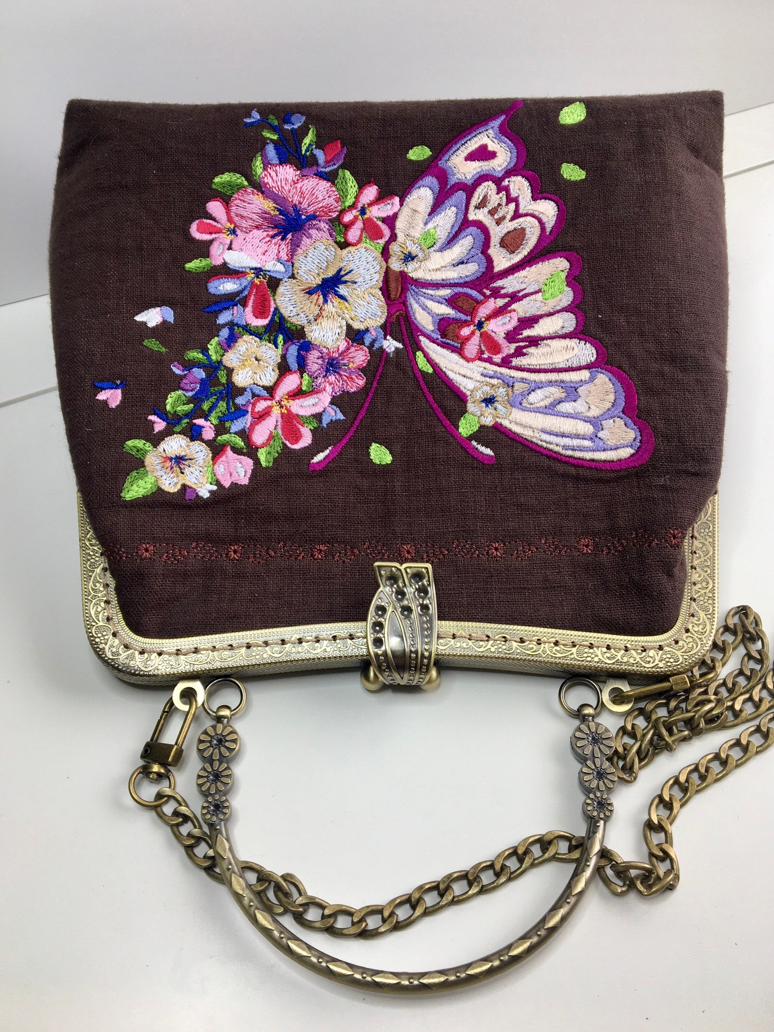 Vintage Embroidered Kiss Lock Handbag. Bronze Metal Frame Etsy
