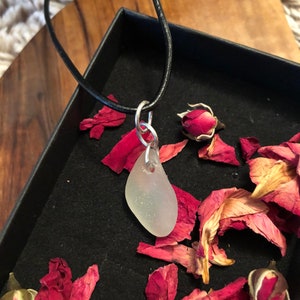 Handcrafted White Sea glass pendant with genuine leather or sterling silver necklace.