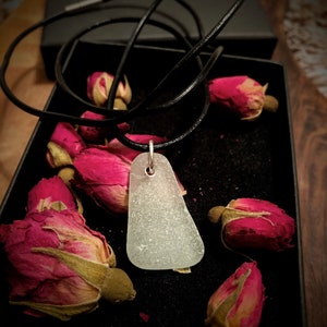 Handcrafted White Sea-Glass Pendant with Sterling Silver Bale with Genuine Leather or Sterling Silver Necklace.