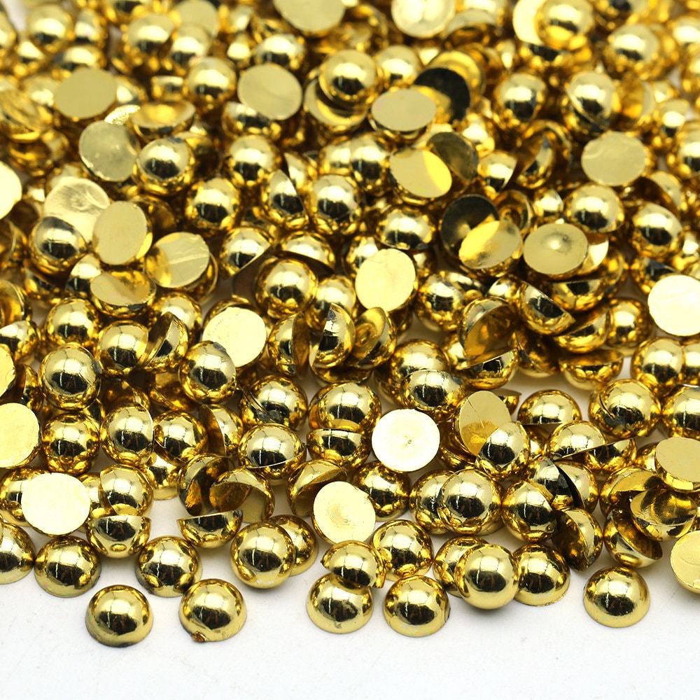 Niziky 500pcs Flat Back Half Round Pearls, 10mm Gold Half Flatback Pearls Gems Beads for Crafts, Flat Back Half Pearls for Craft Projects, Jewelry
